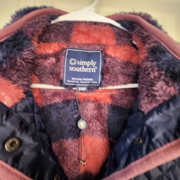 Simply Southern Quilted Fleece Buffalo Plaid Pullover Merlot & Navy Sx XL - Picture 7 of 9